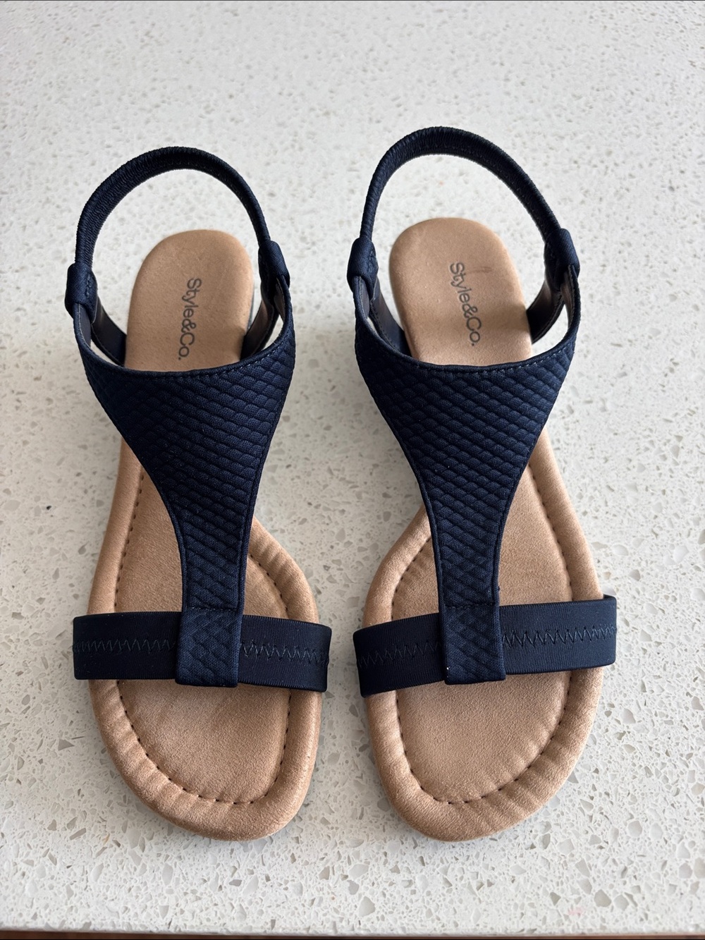 Style & Co. Navy T-Strap Slingback Sandals with Tan Footbed